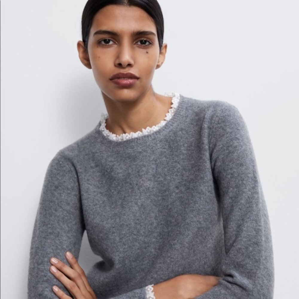 NWOT Zara Gray Lace-collar Sweater